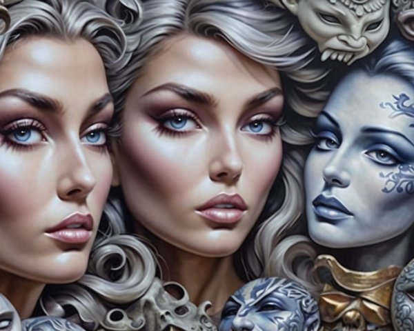 Three Women with Long Hair and Blue Eyes in Elegant Design