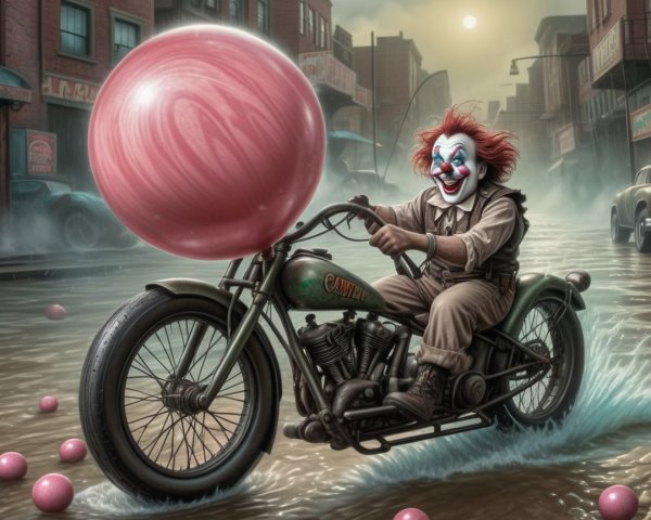Clown on Vintage Motorcycle in Flooded Urban Scene