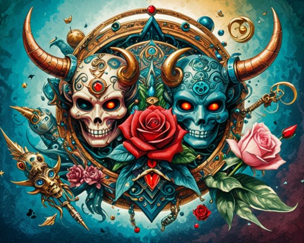 Intricate Design of Skull and Roses with Mystical Symbols