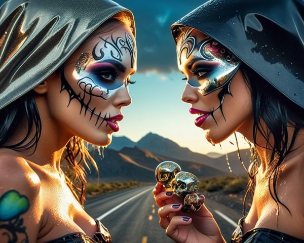 Women with Skull Makeup in Mountainous Landscape
