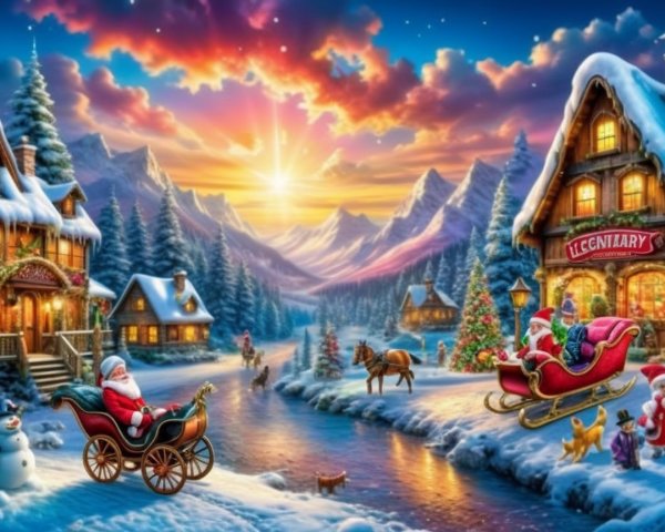 Cozy Christmas Village Scene at Sunset with Snow
