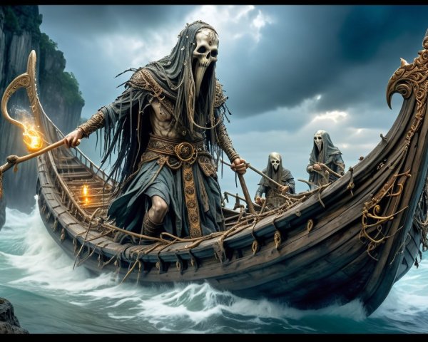 Ghostly Crew on Stormy Sea in Ornate Wooden Boat
