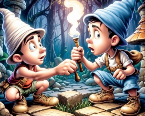 Boys in Pointed Hats Explore a Mystical Forest
