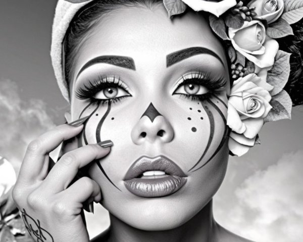 Black and White Portrait of Woman with Dramatic Makeup