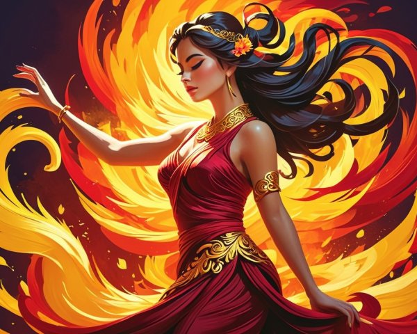 Graceful woman in red gown with swirling flames