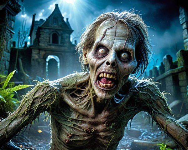 Grotesque Zombie in a Decaying Landscape with Ruins