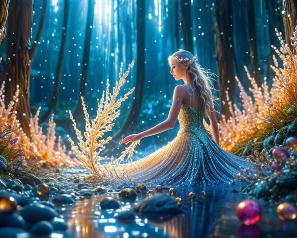 Enchanted Forest with Graceful Figure by Stream