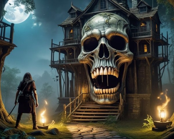 Skull-Shaped House in Moonlit Eerie Landscape