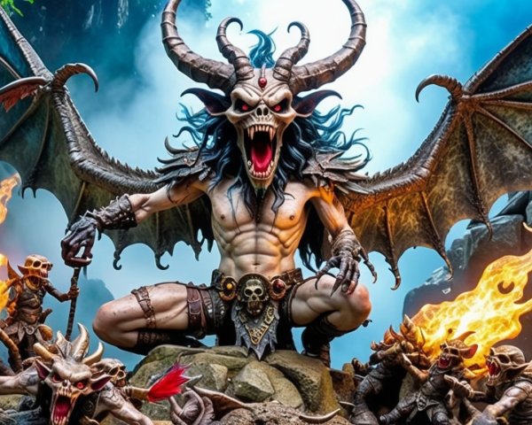Demon Figure with Bat Wings and Tribal Armor