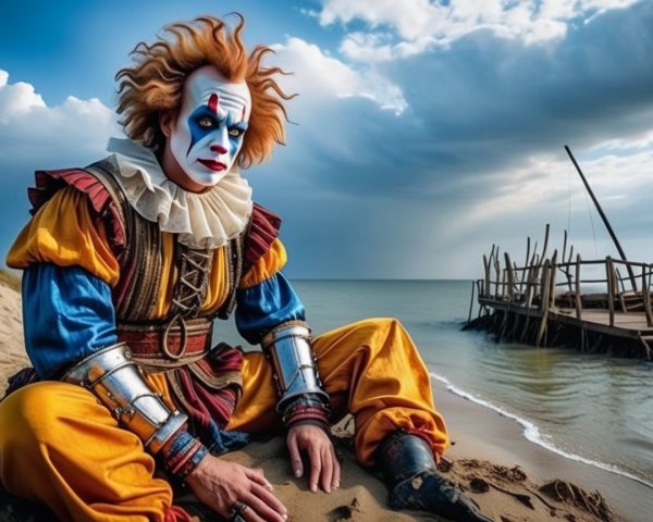 Vibrant Clown on Sandy Beach with Dramatic Sky