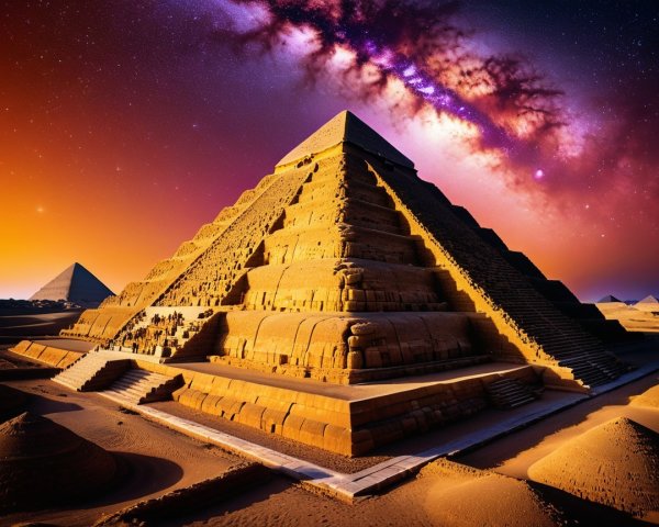 Ancient Pyramid Under Sunset with Milky Way Background