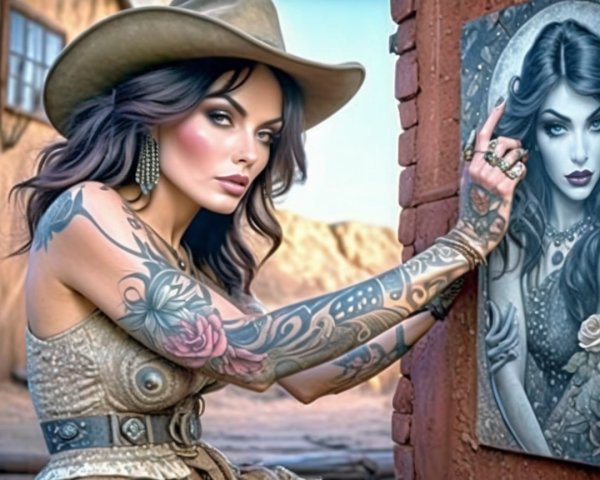 Confident Woman with Tattoos in Western Landscape
