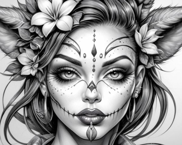 Portrait of a Woman with Face Paint and Floral Accents