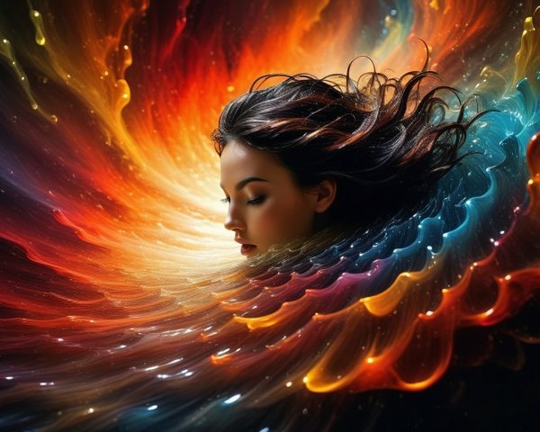 Surreal Woman Amid Vibrant Colorful Waves
