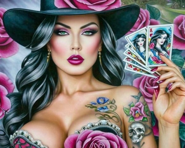 Striking Woman with Hat, Makeup, and Playing Cards
