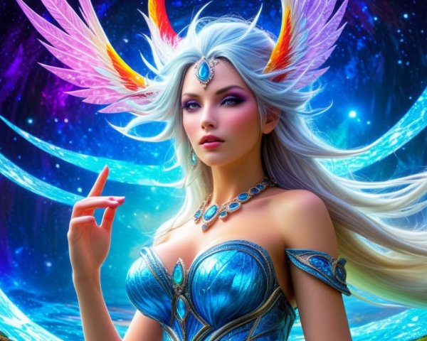 Fantasy Figure with Silver Hair and Feathered Wings