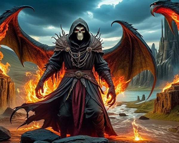 Menacing Figure in Fiery Landscape with Twisted Wings