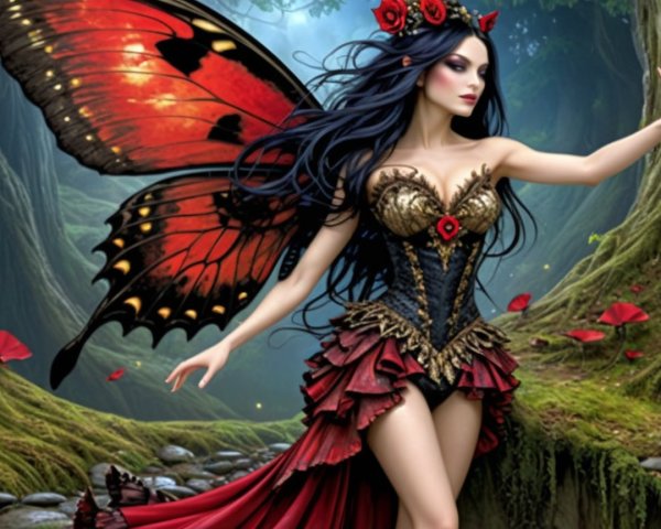 Fairy in Enchanted Forest with Butterfly Wings