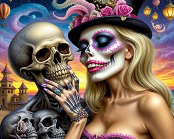 Glamorous Woman and Skeleton in Whimsical Scene