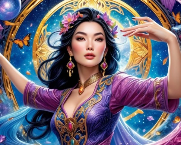 Vibrant Figure in Purple Gown with Celestial Backdrop