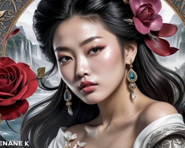 Portrait of a Young Woman with Floral Accents