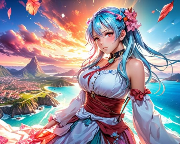 Young woman with aqua hair in seaside sunset scene