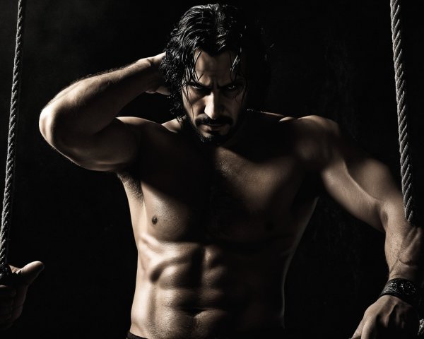 Muscular Man Posing in Dramatic Shadowy Setting