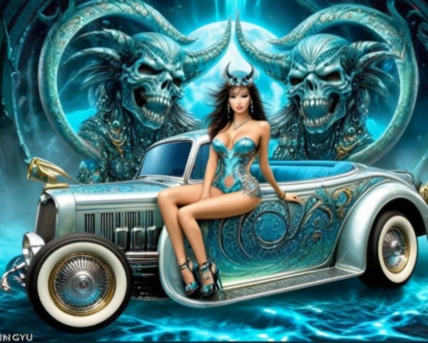 Fantasy Scene with Vintage Car and Mystical Creatures