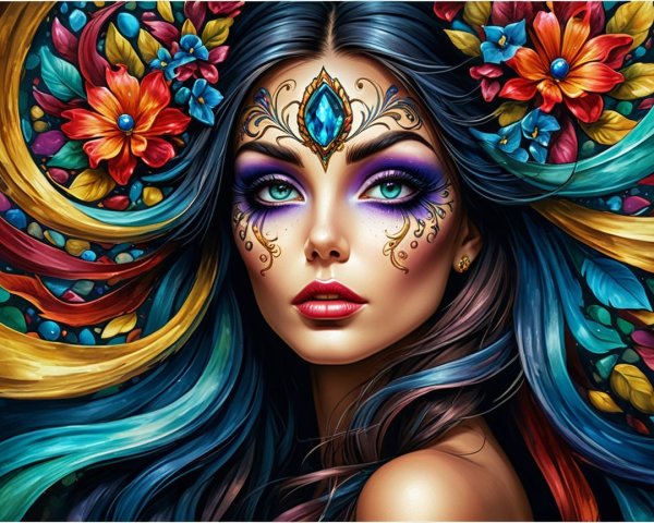 Vibrant Portrait of a Woman with Artistic Designs