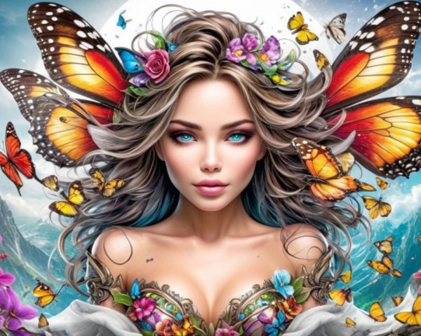 Woman with Flowing Hair and Butterflies in Nature