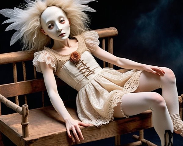 Haunting Doll Figure on Rustic Wooden Bench