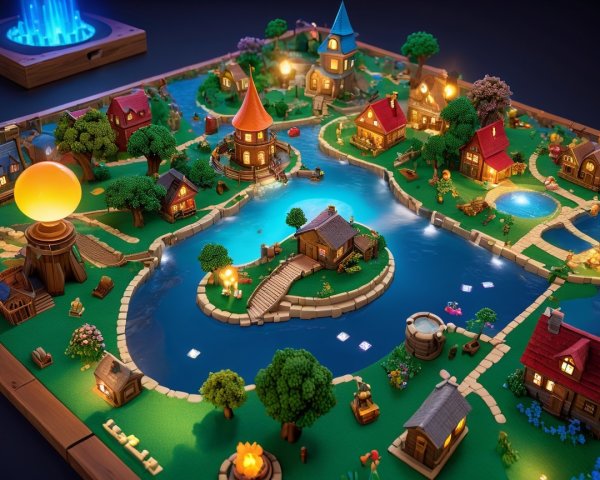 Whimsical Village Tabletop Scene by a Serene River