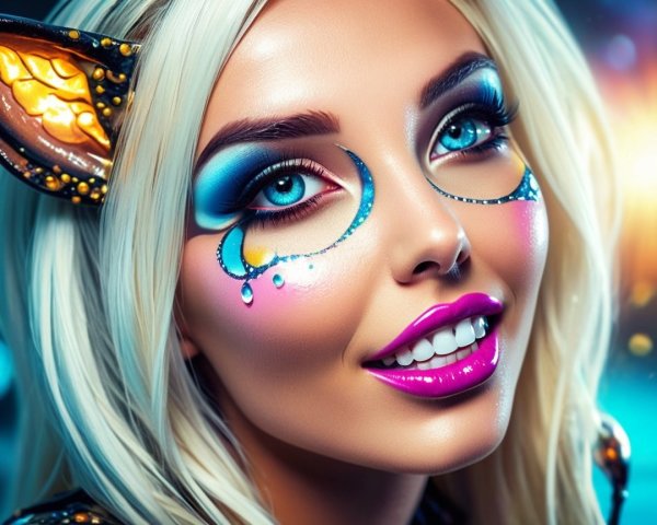 Portrait of a woman with vibrant makeup and accessories