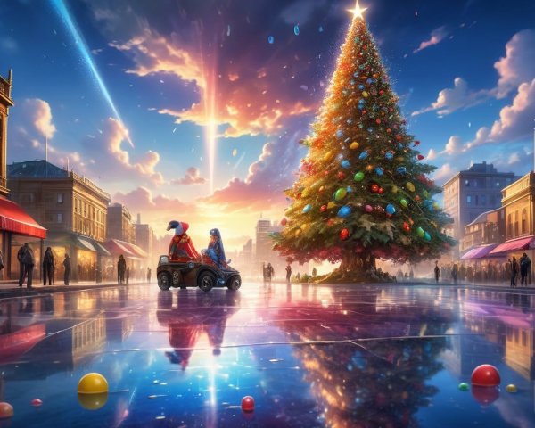 Christmas Eve Scene with Colorful Tree and City Square