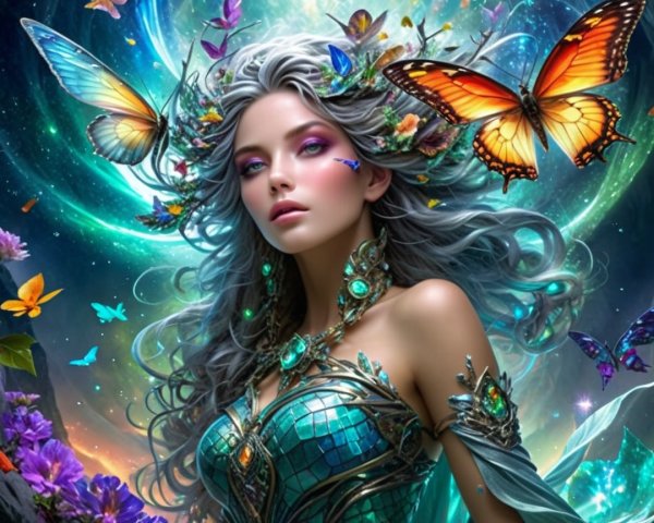 Mystical figure with silver hair and floral gown