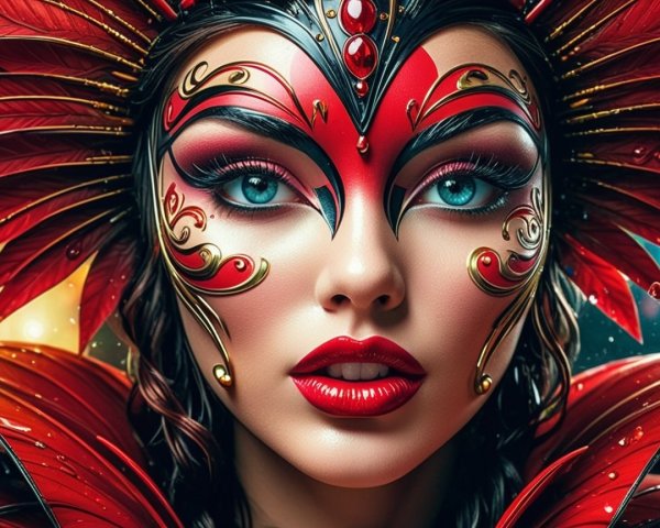 Close-up of a woman with elaborate makeup and headpiece