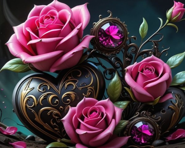 Pink Roses with Black and Gold Filigree Design