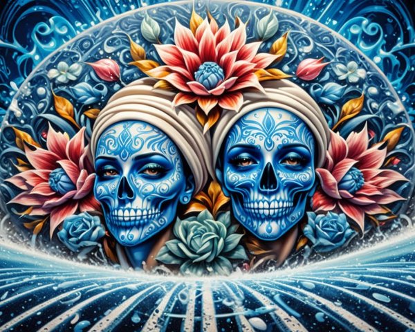 Blue Skull Artwork with Floral Patterns and Water Elements