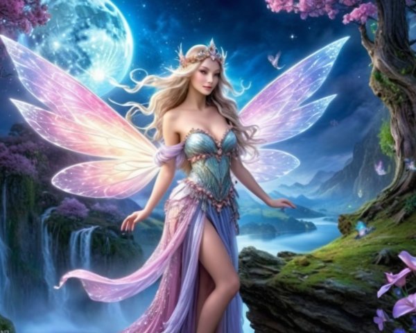 Fairy in Mystical Landscape with Iridescent Wings