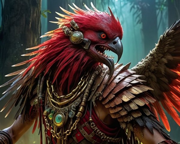 Anthropomorphic figure with bird head in mystical forest