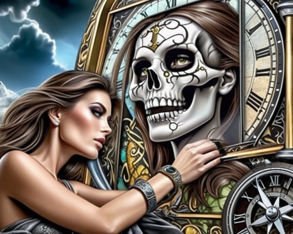 Woman Reflecting on Skull in Ornate Clock Art