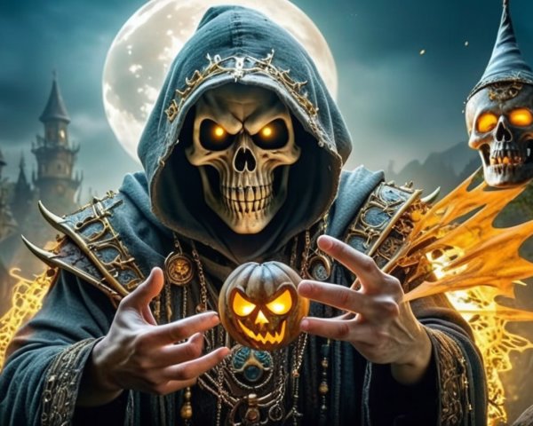 Cloaked Figure with Skull Face and Glowing Pumpkin