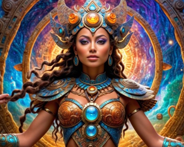 Majestic figure in metallic armor with cosmic backdrop