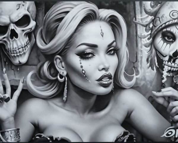 Black and White Portrait of Glamorous Woman with Skulls