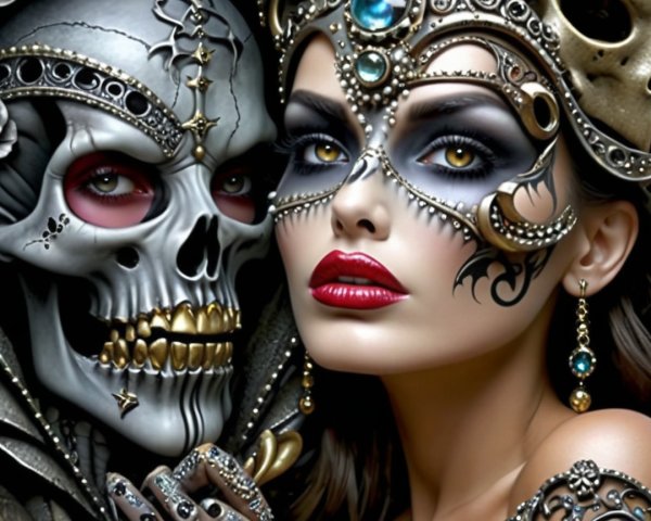 Glamorous Woman and Sinister Skull Contrast in Art