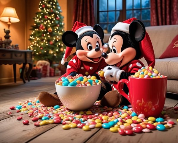 Mickey Mouse Characters with Christmas Decorations and Candies