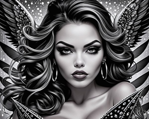 Black-and-white portrait of a woman with wings