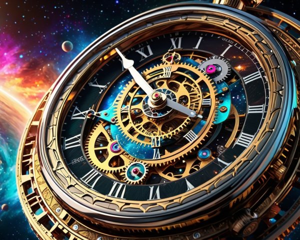 Antique Clockwork Mechanism Against Cosmic Background