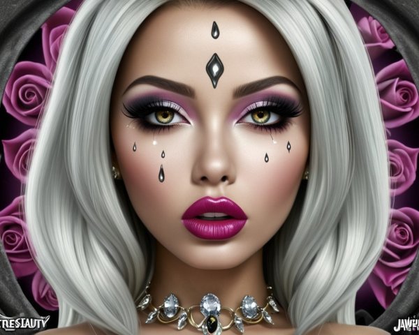 Portrait of a Woman with Silver Hair and Dramatic Makeup