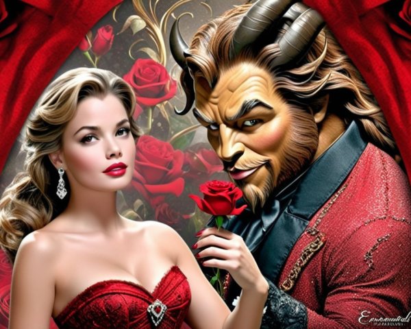 Glamorous Woman in Red Gown with Beastly Figure